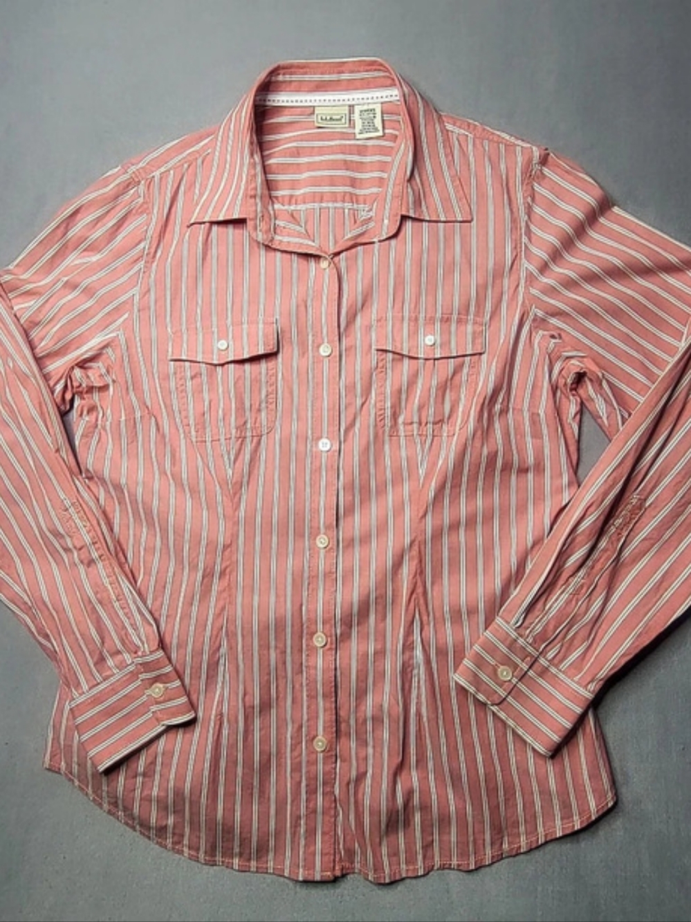 L.L.Bean Women's Striped Long Sleeve Button Down Shirt Orange&White Size M